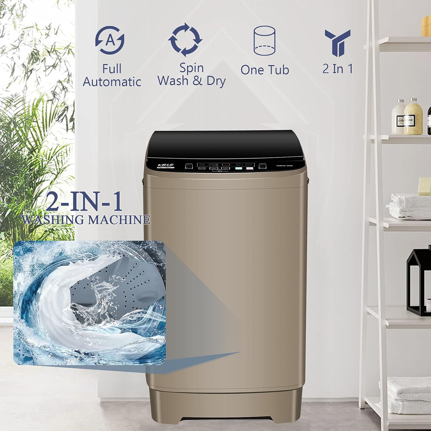 KRIB BLING Full Automatic Washing Machine with LED Display, 17.7 lbs Portable Washer Drain Pump, 10 Programs & 8 Water Levels Selections, Ideal for RV, Camping, Apartment, Dorm, Gold