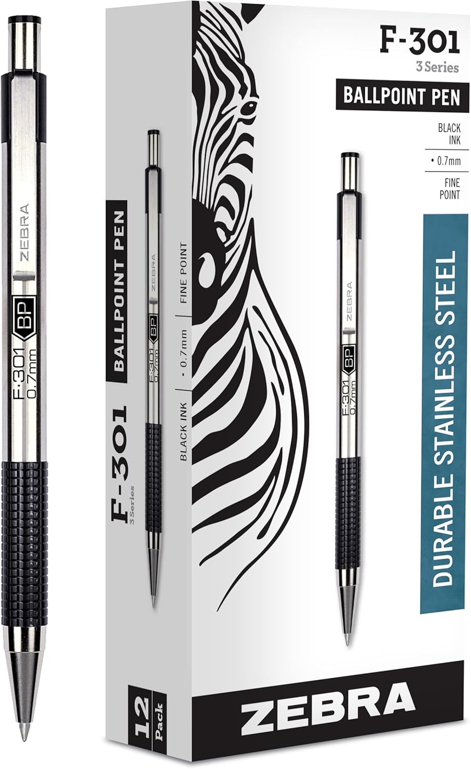 Zebra Pen STEEL F-301 Retractable Ballpoint Pen, Black Ink, 0.7mm, 12-Pack