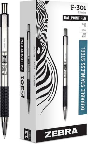 Zebra Pen STEEL F-301 Retractable Ballpoint Pen, Black Ink, 0.7mm, 12-Pack