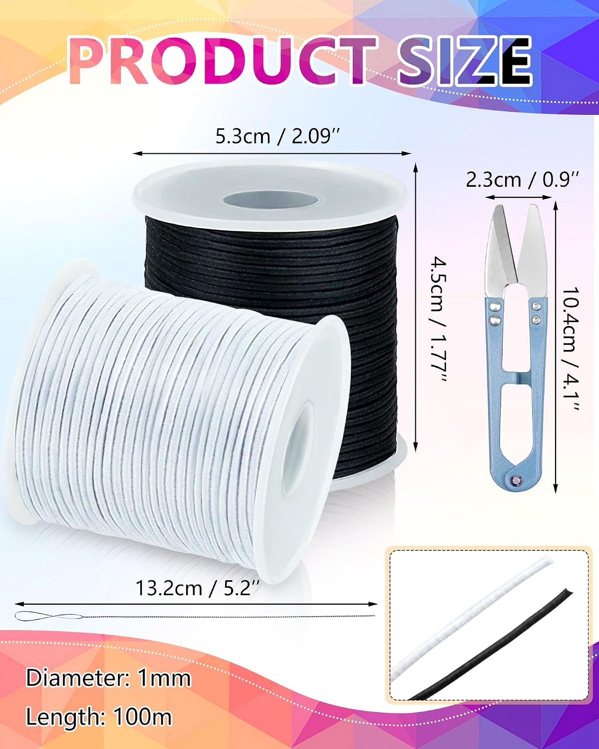 FIVEIZERO 2 Rolls Elastic Bracelet String Total 330 Feet,1.0mm,1.2mm,1.5mm Elastic Cord for Beading Stretchy String with Beading Needle for Bracelets, Sewing, Necklace, Jewelry Making and Crafts