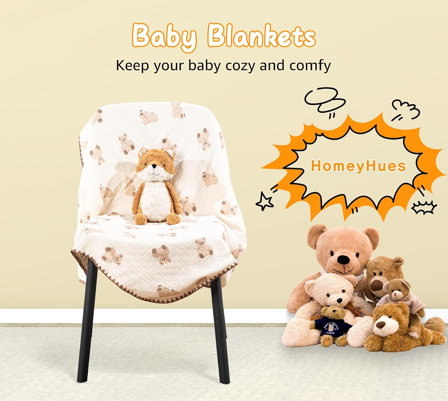 Baby Blanket 40x40 Inches,Muslin Cotton and Minky Dotted Double Layer Soft Receiving Blanket for Newborn Toddler,Bear
