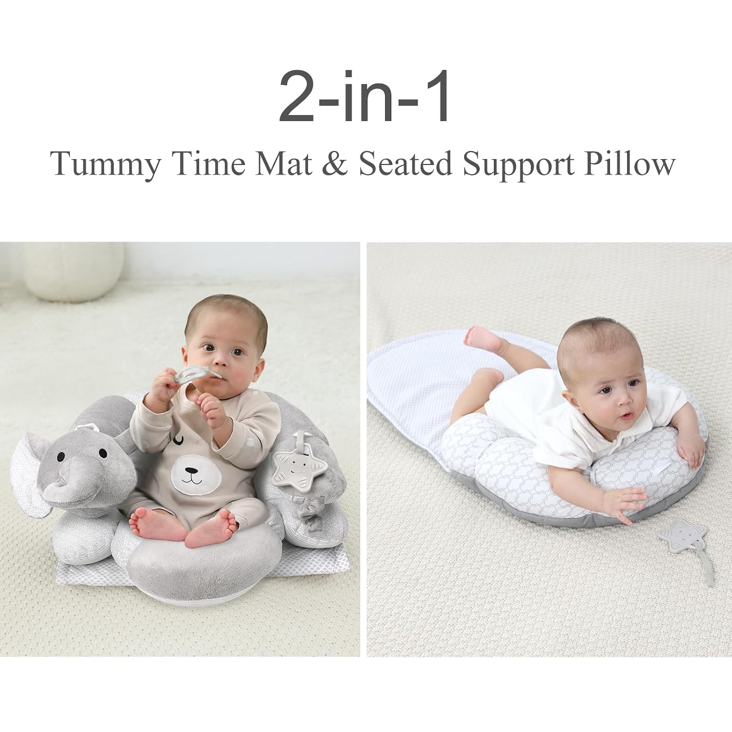 Lovvie & Joy 2-in-1 Tummy Time Mat & Seated Support Pillow,Baby Tummy Time Pillow Support for Newborns and Older Babies,with Detachable Support Pillow and Toys Elephant