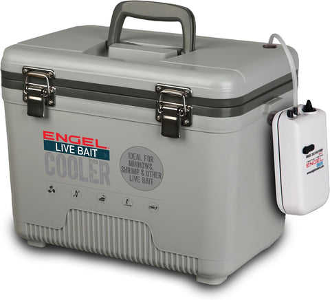 Engel Live Bait Cooler Box with 2nd Gen 2-Speed Aerator Pump - Portable Fishing Station & Minnow Bucket for Shrimp & Other Live Fish with Aerator - ENGLBC-N