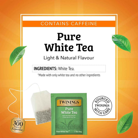Twinings Pure White Tea Bags, Unopened Tender Tea Buds, 20 CT Box (6 Pack) | Delicate, Hand- Picked, Fine & Smooth, A Light, Natural Taste, 120 Foil Lined Individually Wrapped Bags, Enjoy Hot or Iced