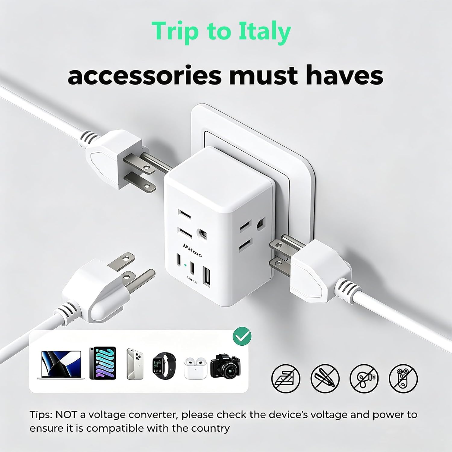 2 Pack Italy Travel Plug Adapter, Type L Power Adapter for Chile, Cuba, Ethiopia, Libya, San Marino, Syria, Uruguay, Vatican City, Travel Essentials