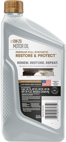 Valvoline Restore & Protect Full Synthetic 0W-20 Motor Oil 1 Quart