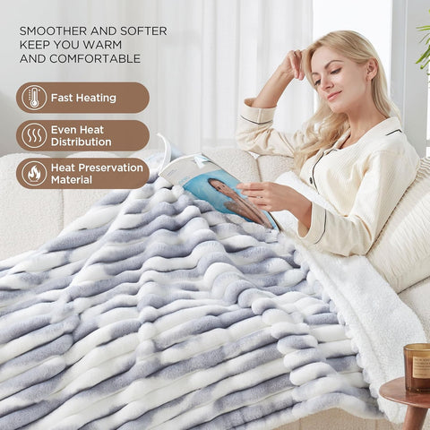 Westinghouse Faux Fur & Sherpa Heated Blanket Throw, Blue Gray, 50x60