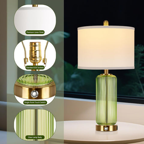 WIHTU 27" Touch Table Lamps, Modern Glass Beside Lamp with USB Ports, Green
