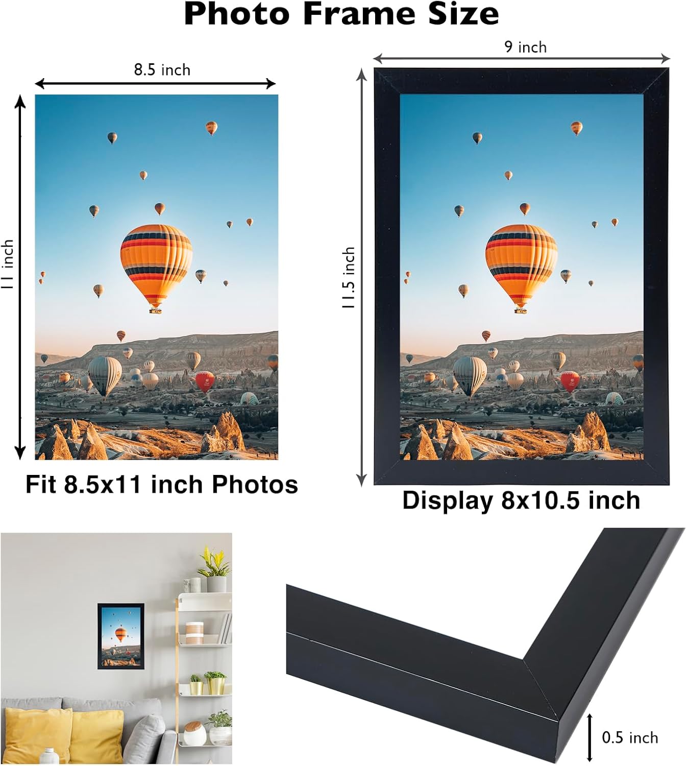 JCJMY 8.5x11 inch Picture Frame Black for Certificate Poster and Photo, Horizontal and Vertical Formats for Wall Hanging or Tabletop, 8.5x11 Frame with Shatter Resistant Plexiglass, Black