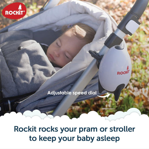 Rockit Rocker Rechargeable Pram Rocker - Baby Pushchair Rocking Device, Soothing Motion for Stroller or Buggy, Adjustable Speed, 60 Minute Timer, Universal Fit