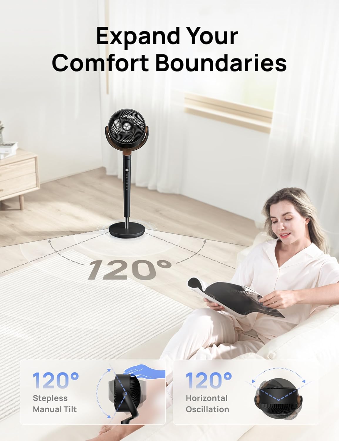 DREO Fan for Bedroom, 120° Oscillating Standing Fan, Quiet Floor Fan with DC Motor, Pedestal Fan for Room, 9 Speeds, 4 modes, 120° Manual Vertical, 37-42" Adjustable Height, 9H Timer, Dark Gray