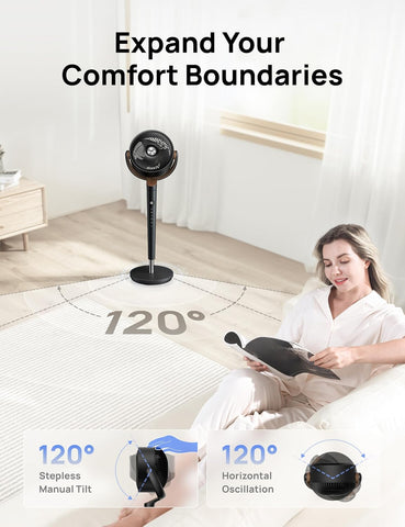 DREO Fan for Bedroom, 120° Oscillating Standing Fan, Quiet Floor Fan with DC Motor, Pedestal Fan for Room, 9 Speeds, 4 modes, 120° Manual Vertical, 37-42" Adjustable Height, 9H Timer, Dark Gray