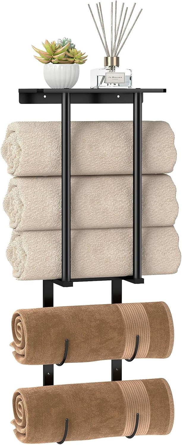 Towel Racks for Bathroom, Bathroom Towel Rack Wall Mounted with 2 Tiers Rolled Towel Holder, Towel Storage can Holds 3 Large Rolled Towels, Black