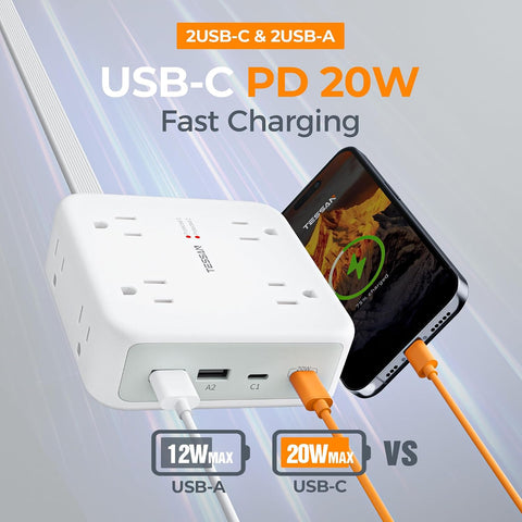 TESSAN Dual Surge Protector Power Strip, 5 Ft Extension Cord Flat Wall Plug