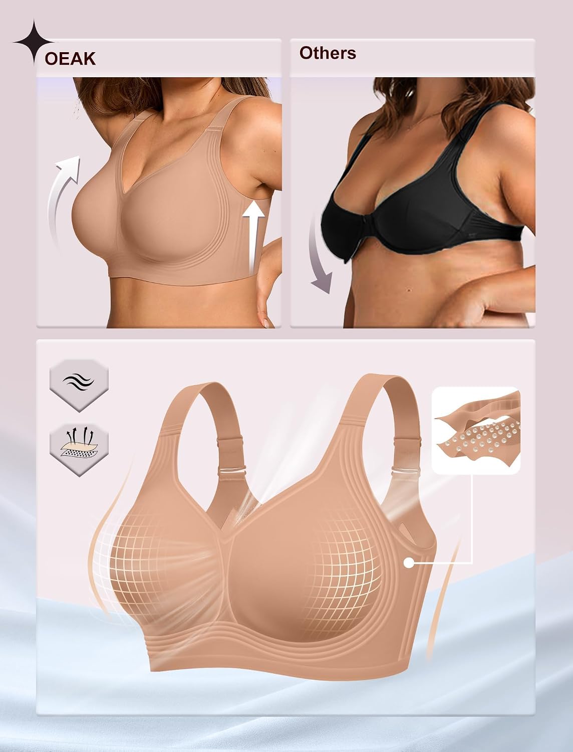 OEAK Womens Wireless Jelly Bras Plus Size Support Push Up Comfortable Bra