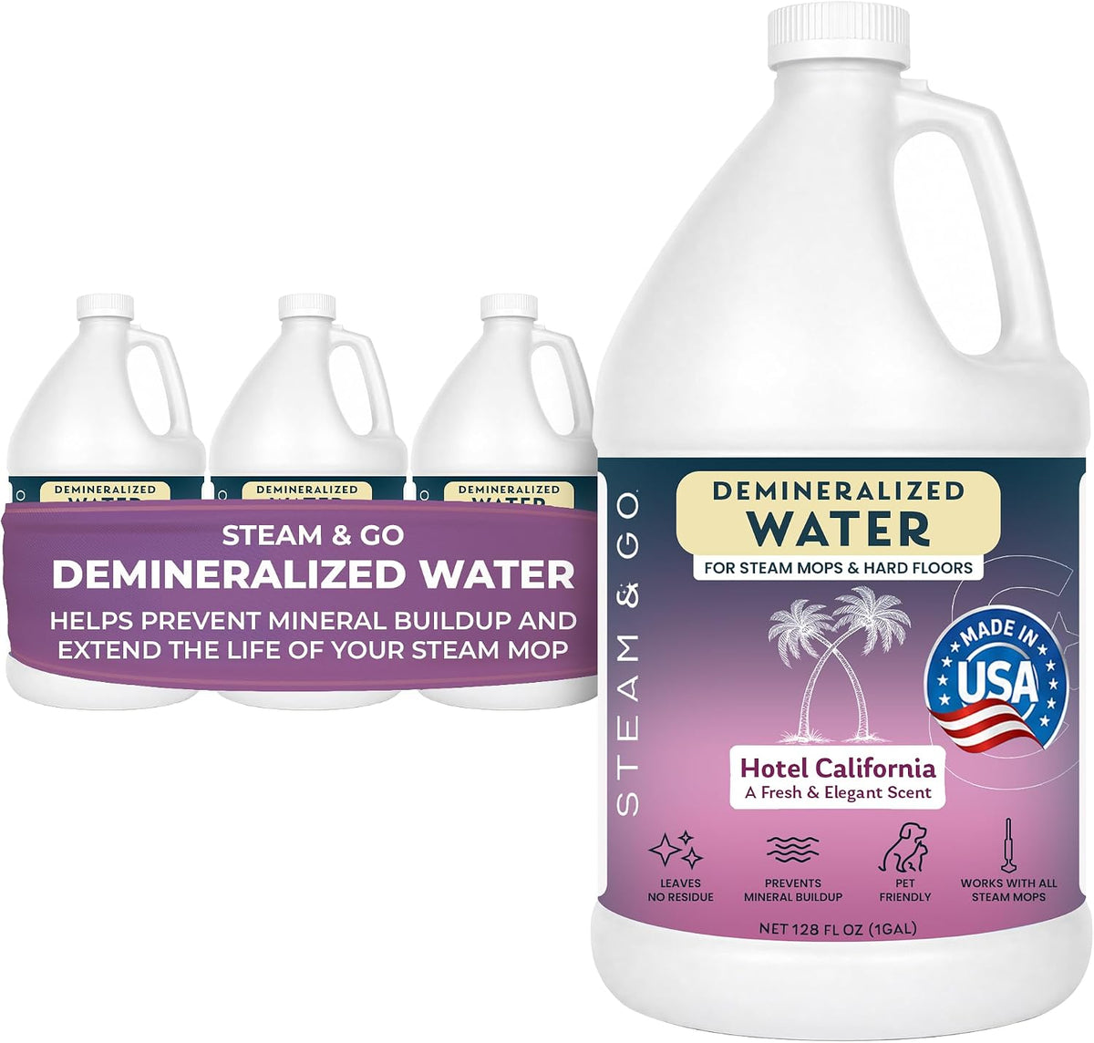 Steam & Go Demineralized Water for Steam Cleaners, Hotel California, 4 x 1 Gallon