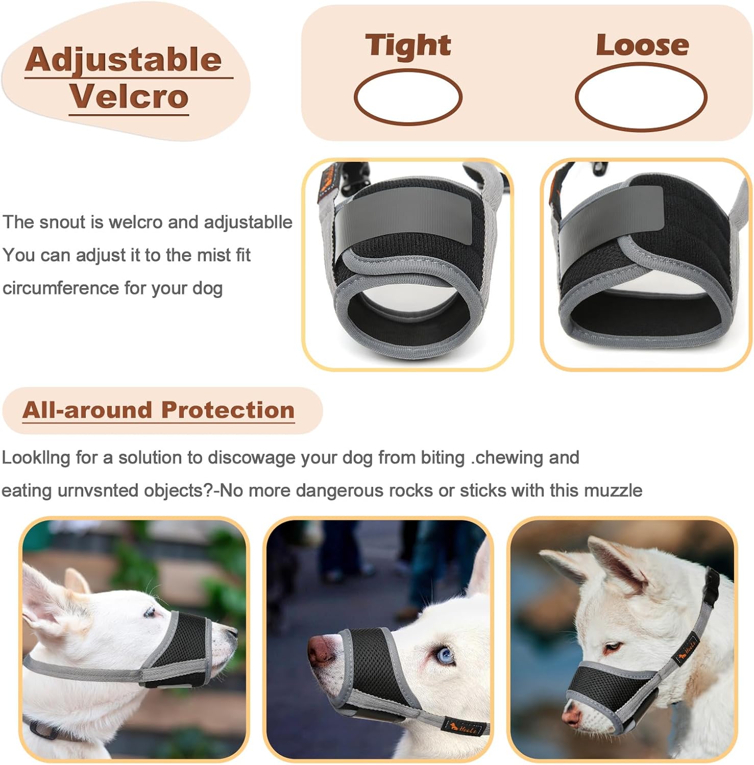 HEELE Dog Muzzle,Soft Nylon Muzzle Anti Biting Barking Chewing,Air Mesh Breathable Drinkable Adjustable Loop Pets Muzzle for Small Medium Large Dogs 4 Colors 4 Sizes (Gray, L)