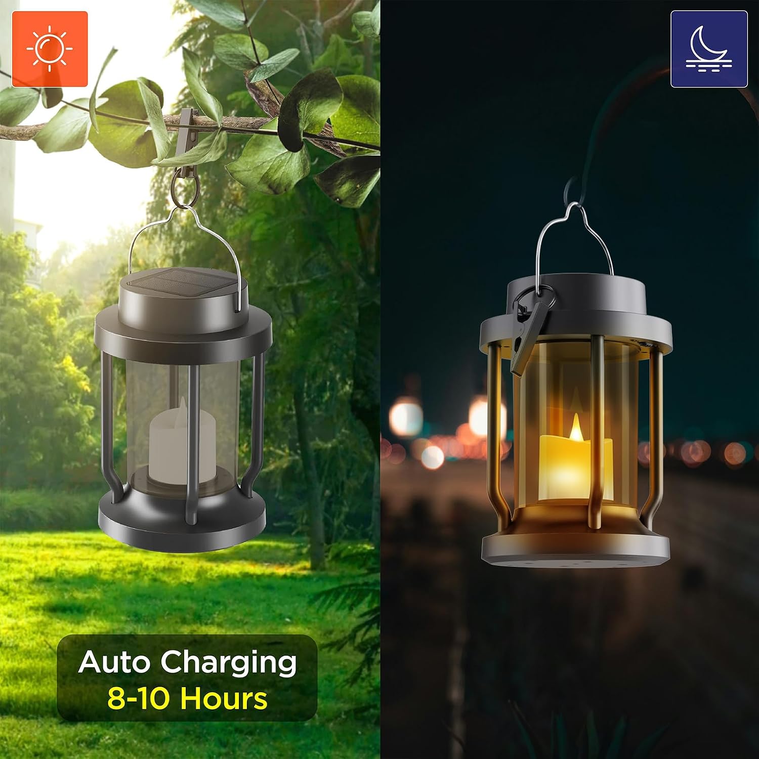 Solar Lantern Outdoor & Indoor Use – Hanging Solar Lights with Realistic Flickering Flameless Candle, Weatherproof for Gardens, Patios, Trees, and Lawns (Black + Gray, 1 Pack)