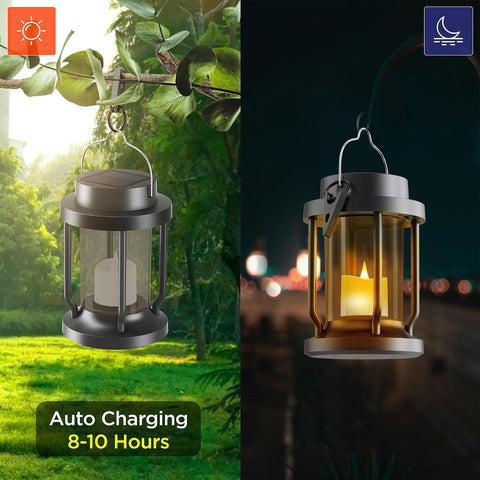 Solar Lantern Outdoor & Indoor Use – Hanging Solar Lights with Realistic Flickering Flameless Candle, Weatherproof for Gardens, Patios, Trees, and Lawns (Black + Gray, 1 Pack)