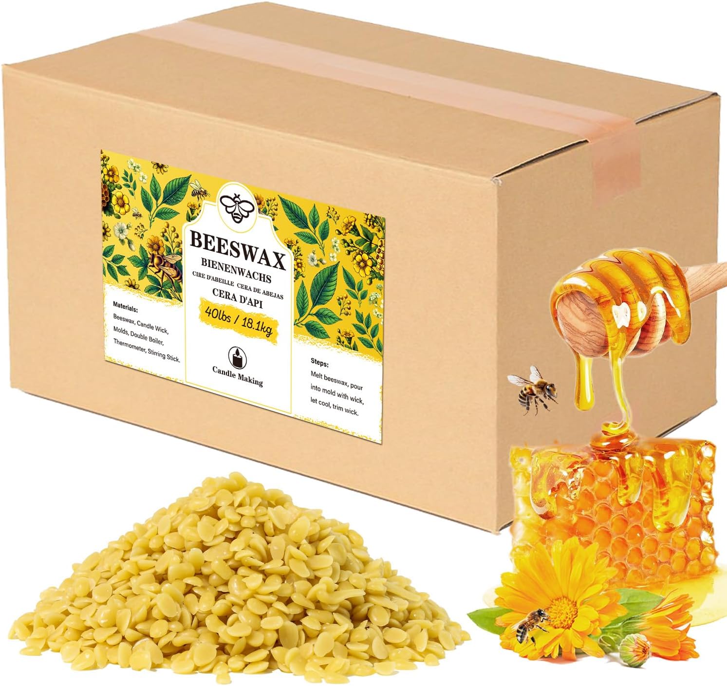 Beeswax pellets 40LB, VEGISHINE Pure Beeswax for Skin, Natural Yellow Beeswax for Candle Making, DIY Skin Care, Lip Balm, Polishing, Lotion, Soap, Candle Making Supplies