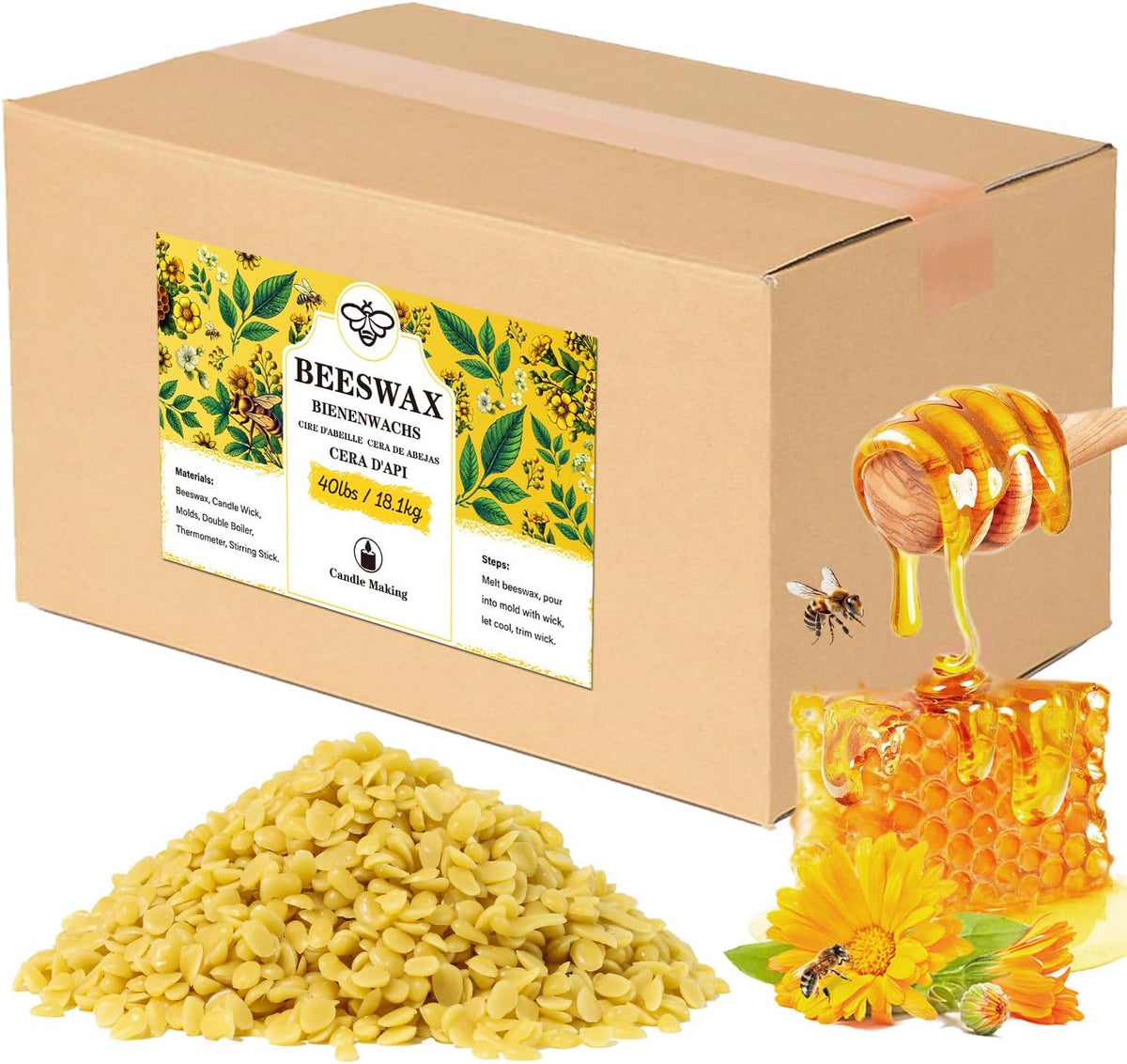Beeswax pellets 40LB, VEGISHINE Pure Beeswax for Skin, Natural Yellow Beeswax for Candle Making, DIY Skin Care, Lip Balm, Polishing, Lotion, Soap, Candle Making Supplies