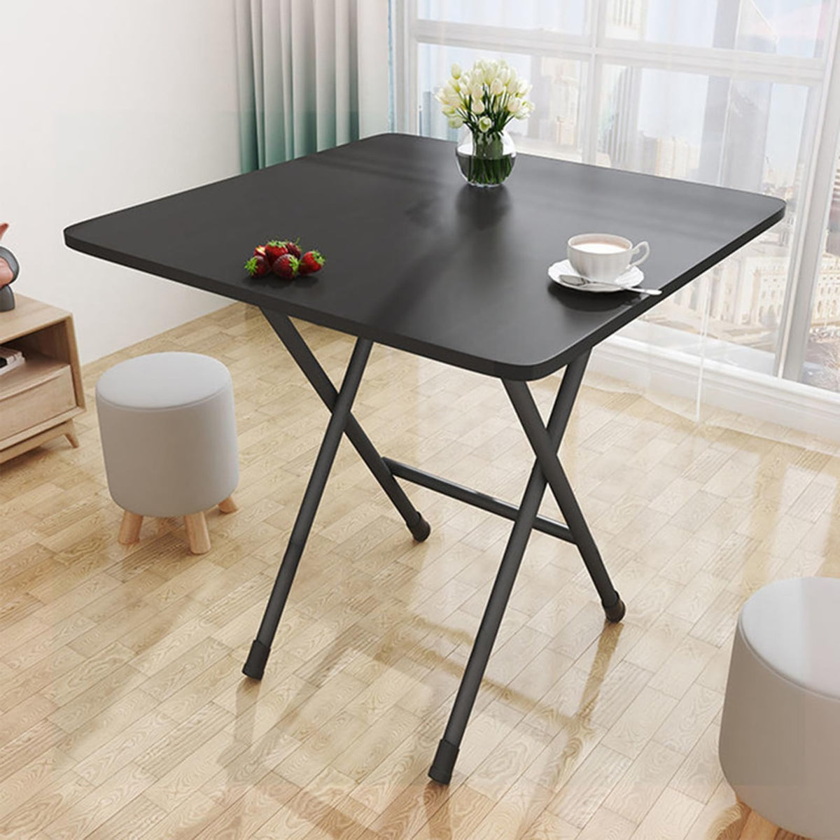 Folding Dining Table Small Portable Square Coffee Table,Heavy Duty Solid Side Table with Metal Legs Stable Space Saving Computer Desk,Table Diner Tea Coffee for Home Dining Room Black Black