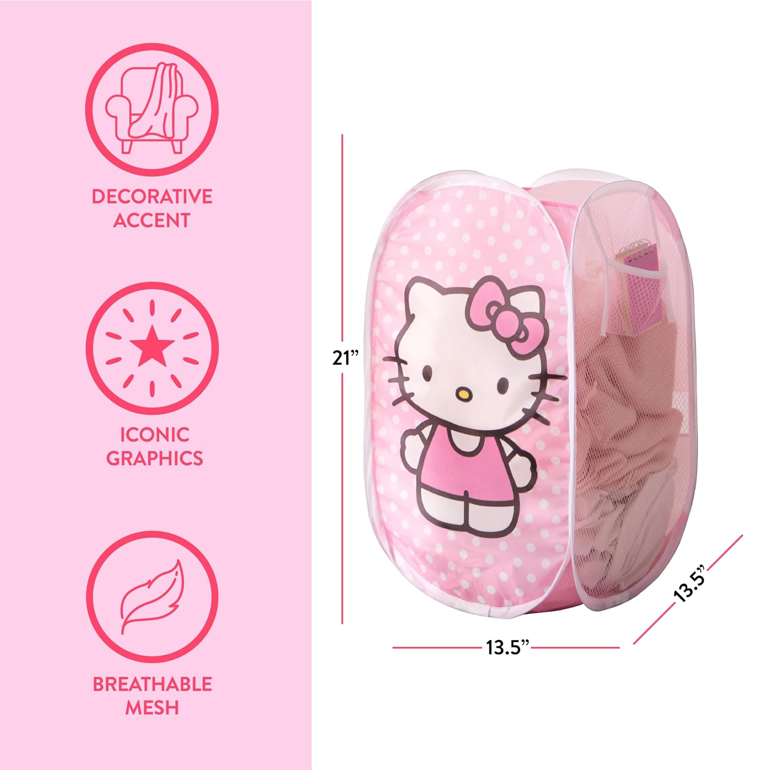 Idea Nuova Sanrio Hello Kitty Pop-Up Hamper,Collapsible Laundry Basket with Durable Handles,Lightweight Storage Bin for Kids' Bedroom, Nursery, or Playroom,Pink
