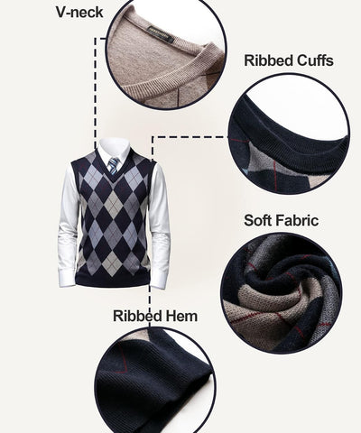 Mens Thick Argyle Sweater Vests Classic V-Neck Knitwear Sleeveless Pullover Autumn Winter Warm Tank Tops
