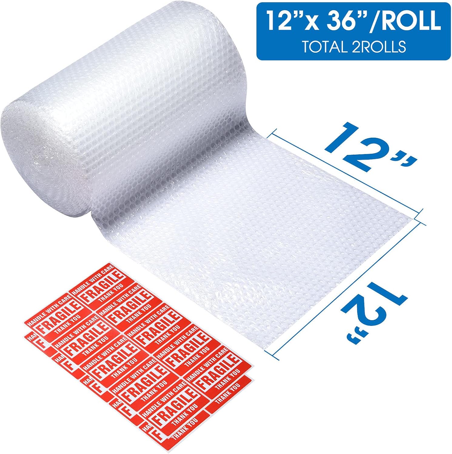Bubble Cushioning Wrap Roll, Sumono 12 Inch x 72 Feet Total [2 Rolls of 36 Feet] Bubble Roll Perforated 12 Inch Included 20 Fragile Sticker Label