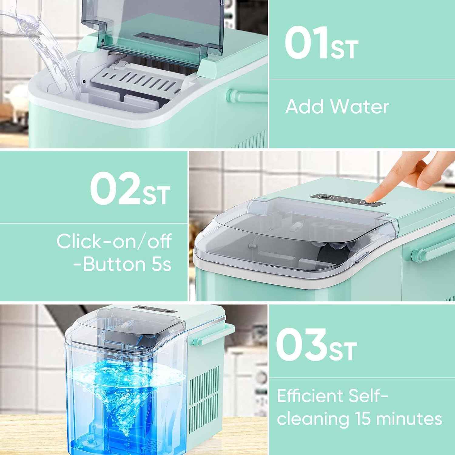 DUMOS Ice Makers Countertop with Handle Ice Machine, Fast in 6 Mins, 26lbs in 24 Hours, Quiet Self-Cleaning, Compact Size Portable for Home, Kitchen, RV, Camping, Green