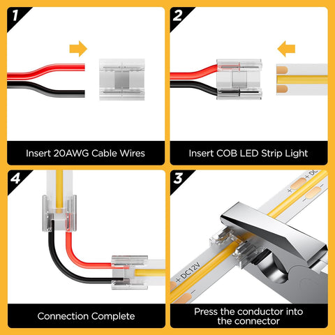 20 Pack COB 0.31in(8mm) 2 pin Transparent Connector, 6.6FT(200cm) Long 20AWG Extension Wires for Non-Wired Gapless Solderless