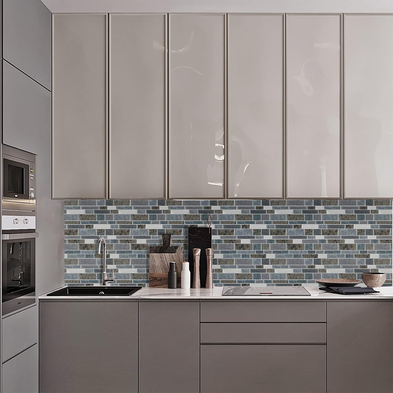 STICKGOO 10-Sheet Peel and Stick Backsplash for Kitchen, Decorative Self Adhesive Backsplash Tiles(Light Blue & Brown Granite, Thicker Design)