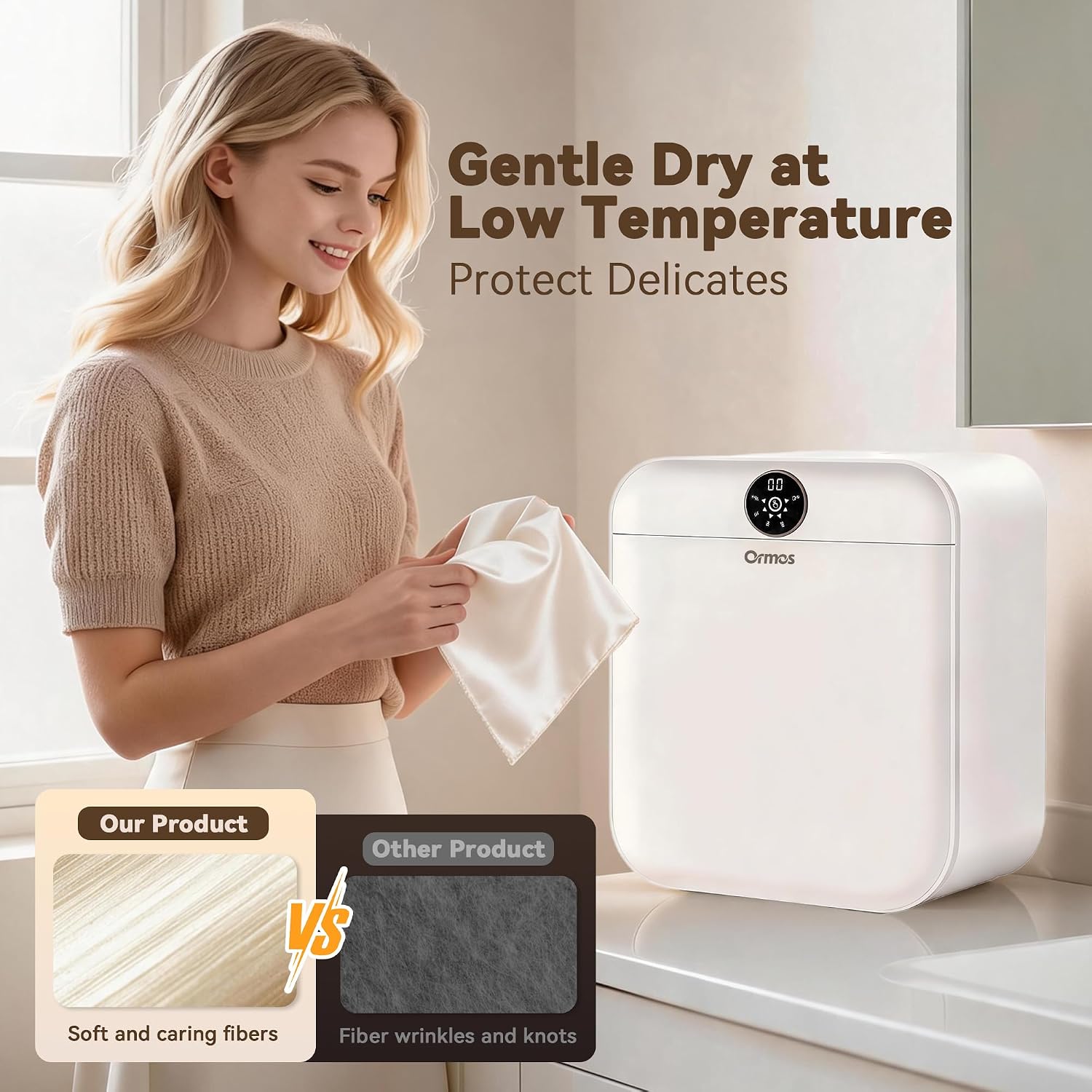 Ormos Portable Underwear Dryer，170W motor saves energy, 2 heat settings reduce shrinkage, dries fast, wall or counter, great for small homes, camping, busy days.