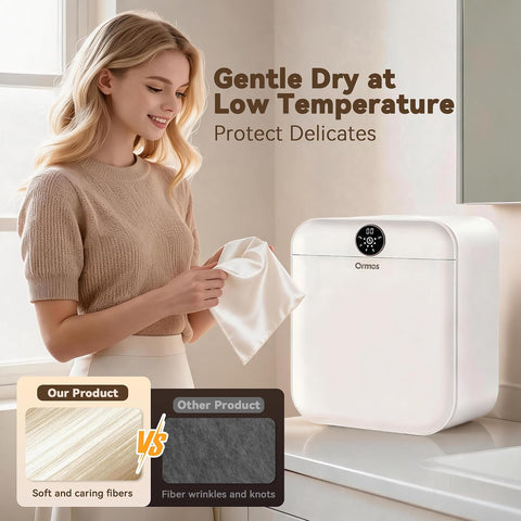 Ormos Portable Underwear Dryer，170W motor saves energy, 2 heat settings reduce shrinkage, dries fast, wall or counter, great for small homes, camping, busy days.