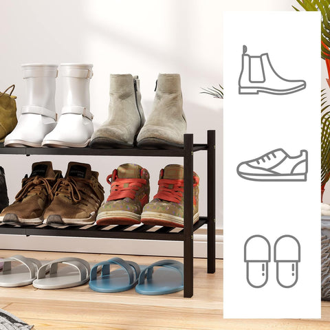 viewcare 2-Tier Black Bamboo Shoe Rack for Entryway, Stackable | Foldable | Natural, Shoe Shelf Storage Organizer for Hallway Closet, Free Standing Shoe Racks for Indoor Outdoor