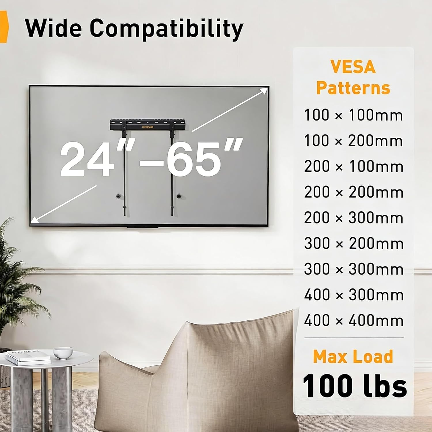 Perlegear No Drill TV Wall Mount for Most 24-65 Inch TVs up to 100 lbs