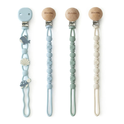 Moonkie Silicone Pacifier Clips for Baby – Durable One-Piece Binky Holder, Mixed Styles Paci Clips, Baby Essentials for Newborn Boys & Girls - 4 Pack (Sea Whispers)