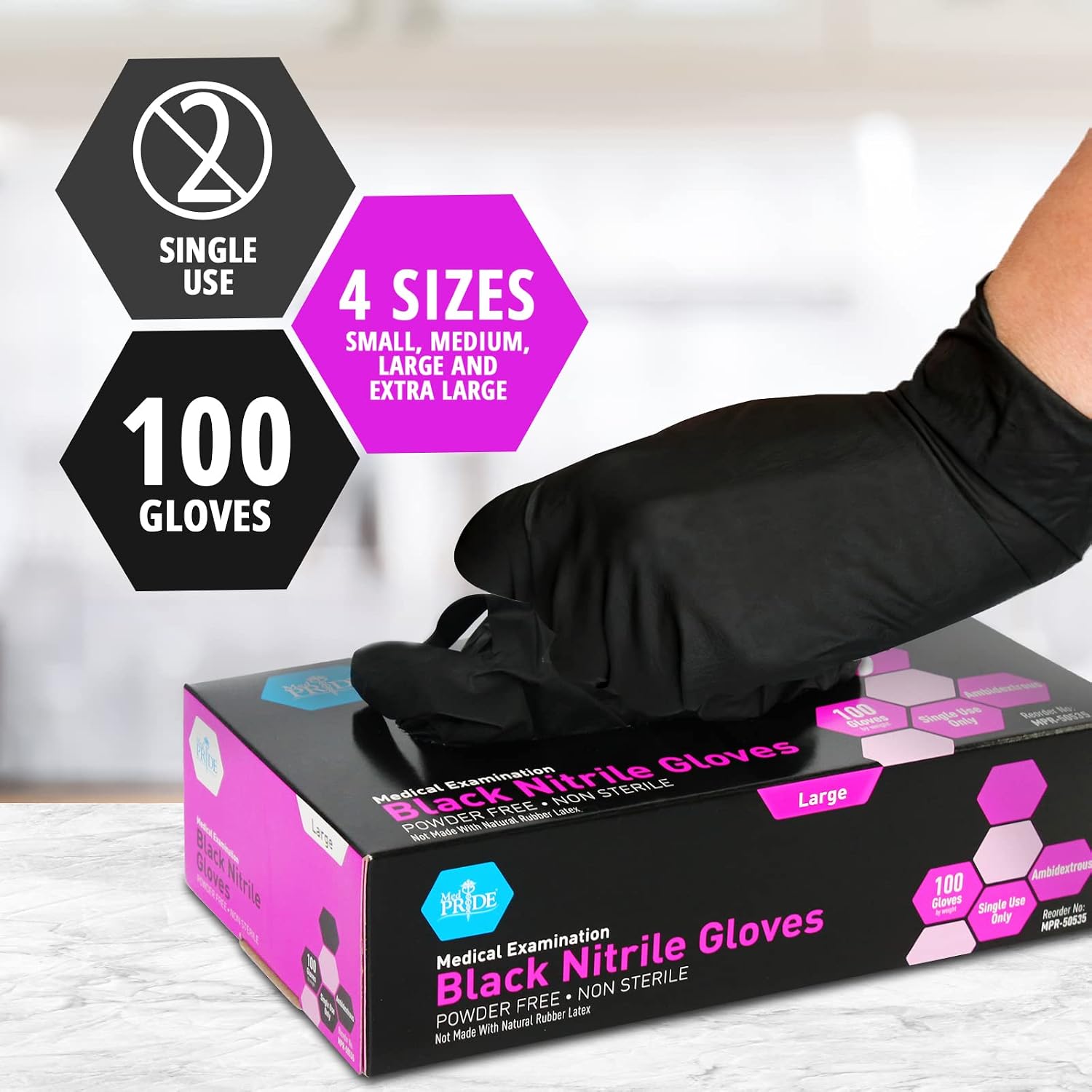 MED PRIDE Black Nitrile Gloves, 4 Mil,Latex & Powder-Free,Medium,1000-Count