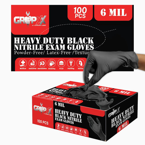 London Labs Heavy Duty 6 Mil Black Nitrile Gloves - Disposable, Latex & Powder Free | Mechanic, Food Prep & Tattoo | Rubber Gloves for Cooking, Cleaning & Household |Bulk Case of (1000)