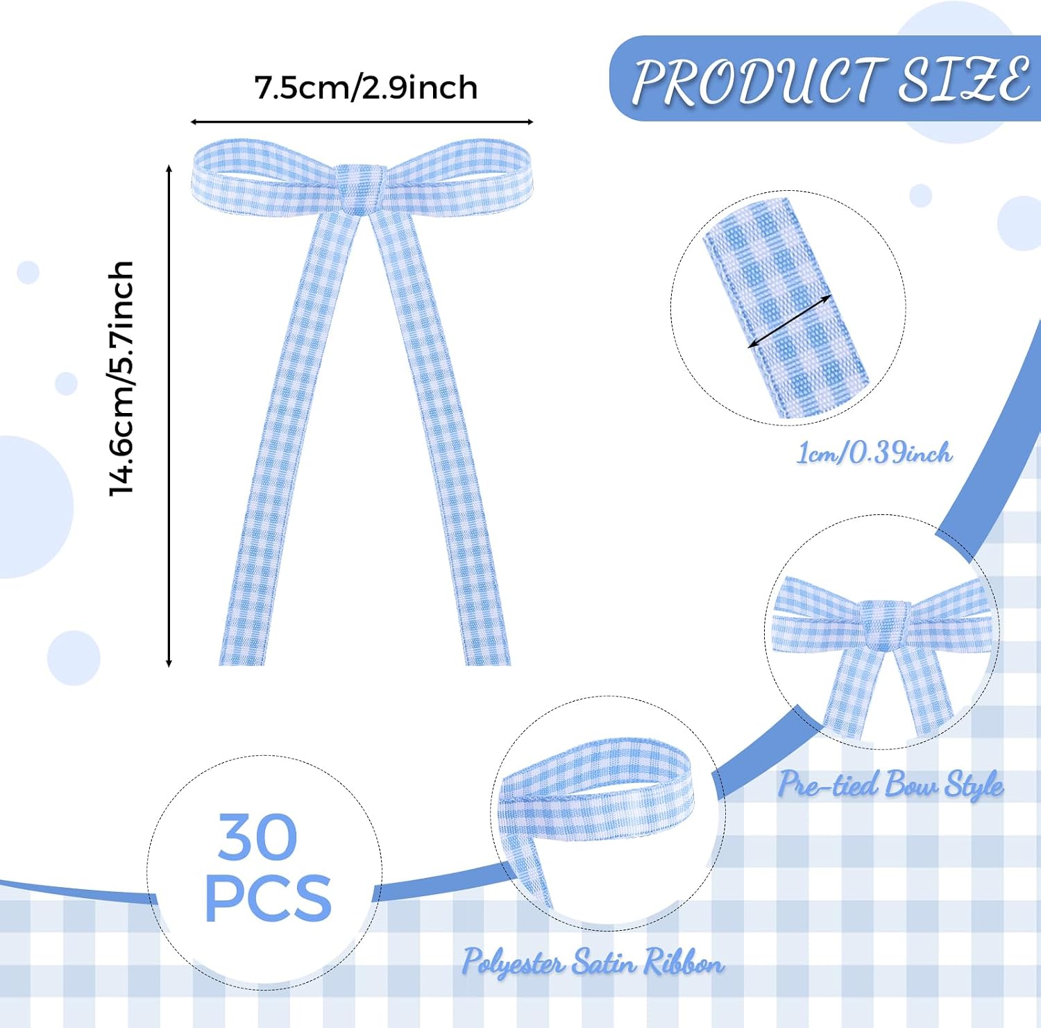 30 Pack Bow Cake Toppers Blue Gingham Ribbon Bows for Cake