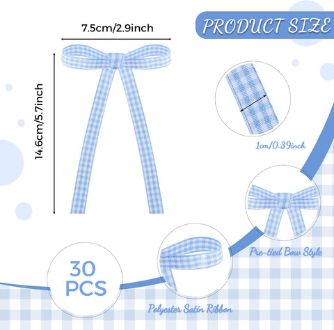 30 Pack Bow Cake Toppers Blue Gingham Ribbon Bows for Cake