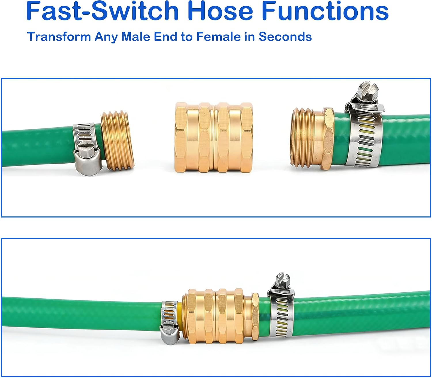 Hourleey Brass Garden Hose Adapter, 4 Pack 3/4 Inch Heavy Duty Solid Brass Female to Female Hose Connector, Garden Hose Repair Fittings with 4 Extra Washers, Leak-Proof Double Female Coupler