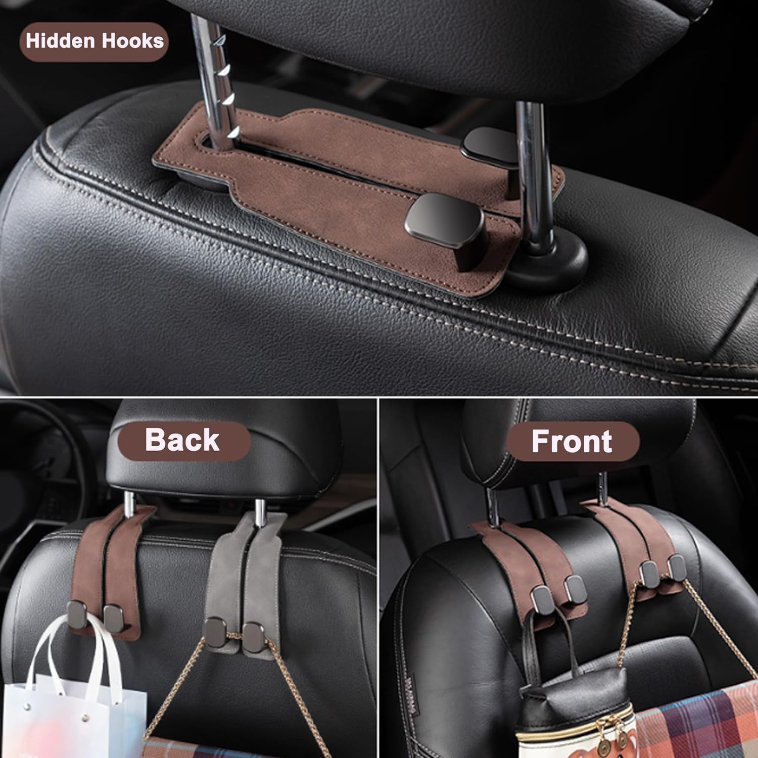 Amelity Car Headrest Hooks, Purse Hook for Car 4 Pack Black