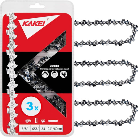KAKEI 24 Inch Chainsaw Chain 3/8" Pitch .058" Gauge 84 Drive Links Fits Husqvarna 555, 562XP, 365, 565, 372XP, 572XP, 390XP, 395 XP, 585, 592 XP (3 Chains) - Full Chisel