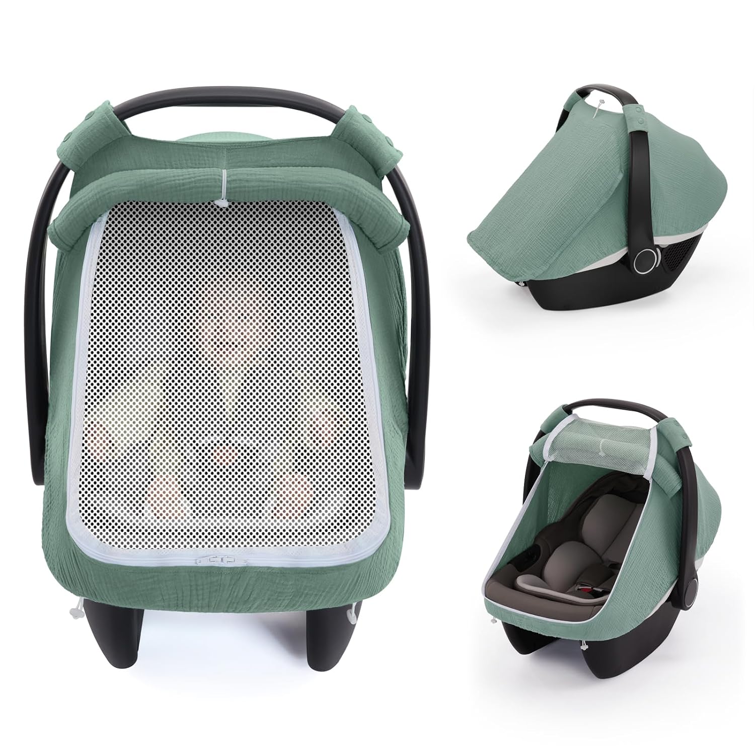 Blissful Diary Muslin Baby Car Seat Cover, Infant Canopy, Roman Green