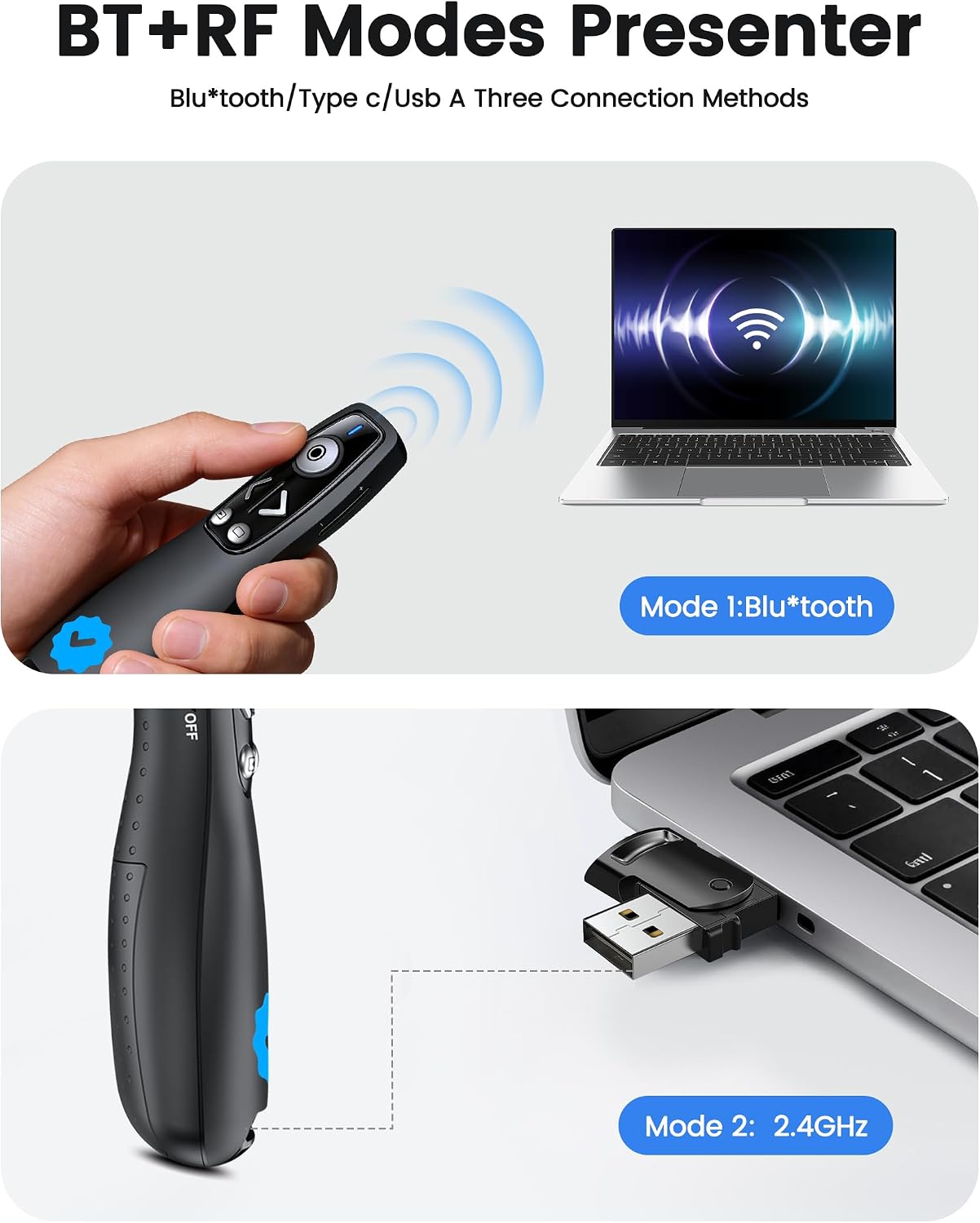 Wireless Presenter Clicker with Bluetooth & USB+Type-C Receiver, Red Laser Pointer, Powerpoint Clicker with Volume Control for PowerPoint/Keynote/Google Slides, Compatible with Laptop/Mac/PC/Android