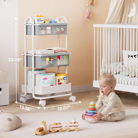 Modanais Baby Diaper Caddy Organizer Cart - 3 Tier Rolling Cart, Light Gray