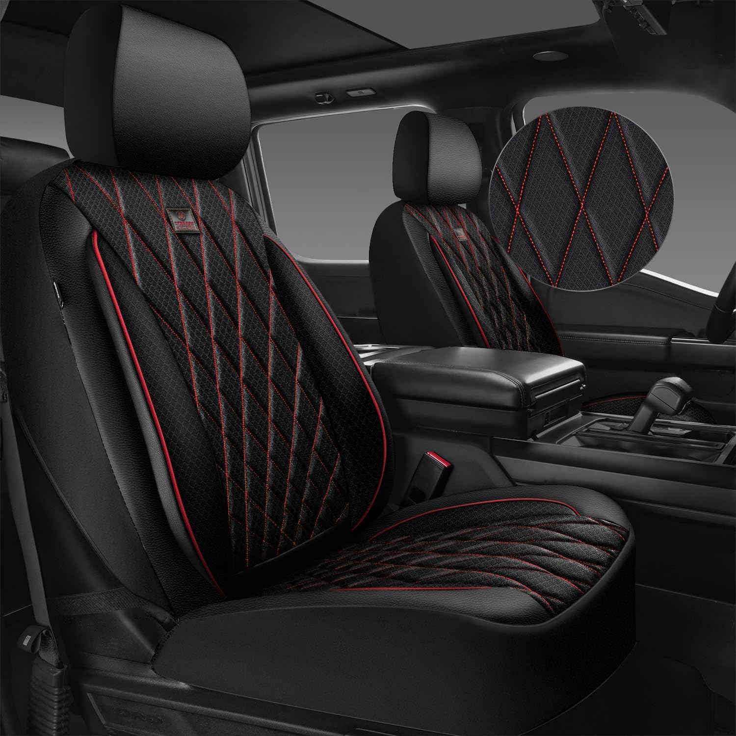 CAR PASS Thick Foam 3D Air Mesh Leather Car Seat Covers Front Seats Only, Breathable Premuim Leather Two Front Seat Cover, Airbag Compatible Universal Fit for 95% Sedan Van Truck SUV,Black and Red