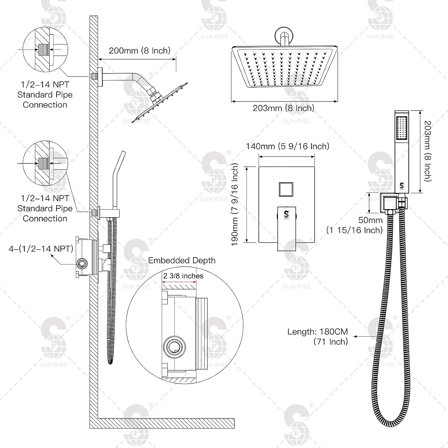 SR SUN RISE Shower Faucet Set 8-Inch Rainfall Shower Head Brushed Gold