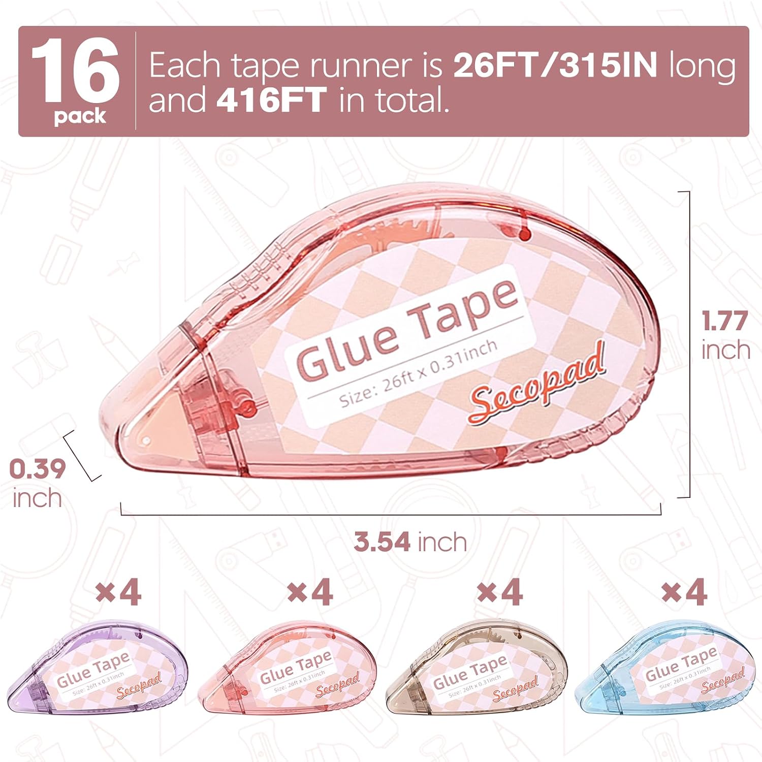 Secopad Scrapbook Tape, Glue Tape for Crafts, 16 Pack, Light-Colored Shell